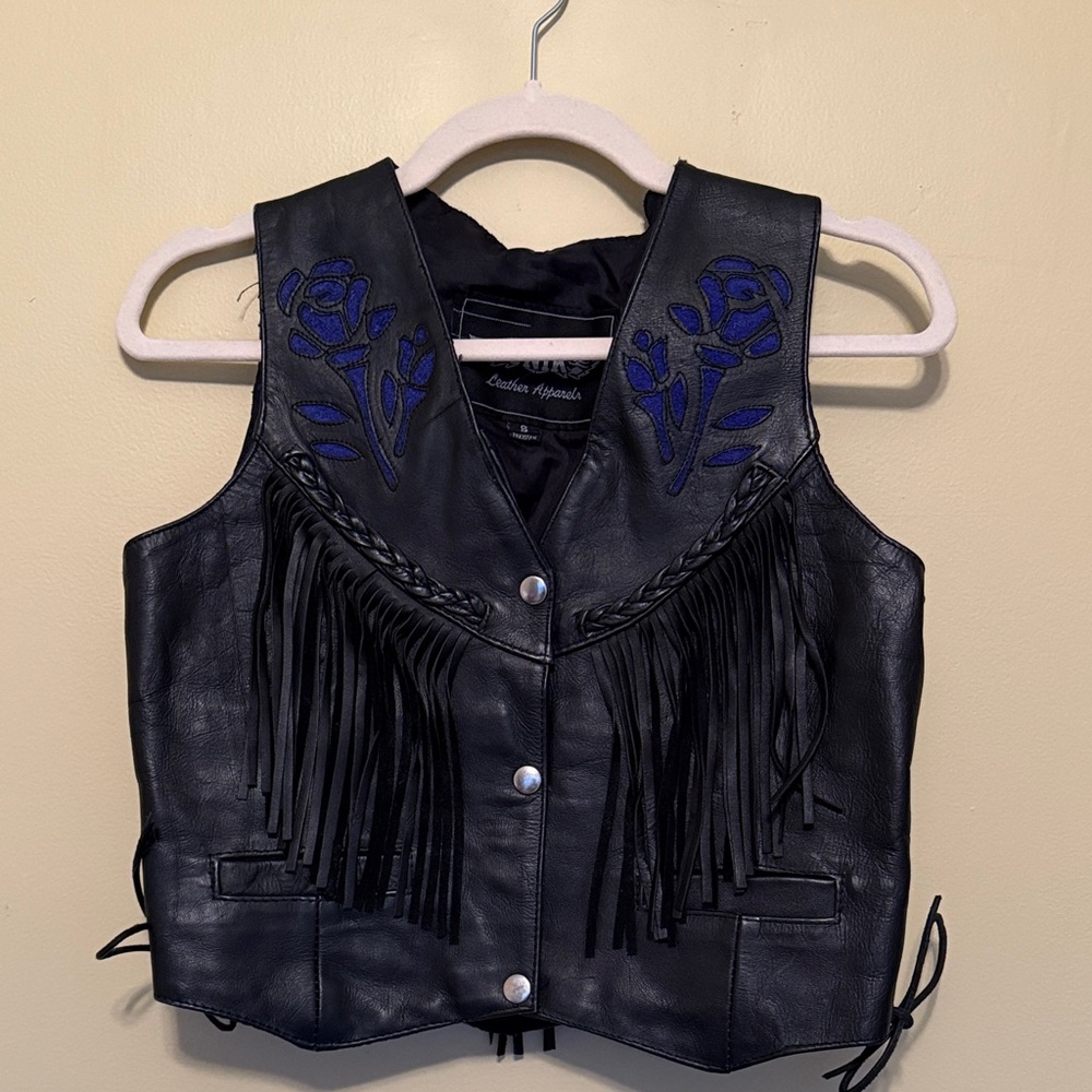 Unik Genuine Black Leather Vest with Blue Embroidery & Fringe